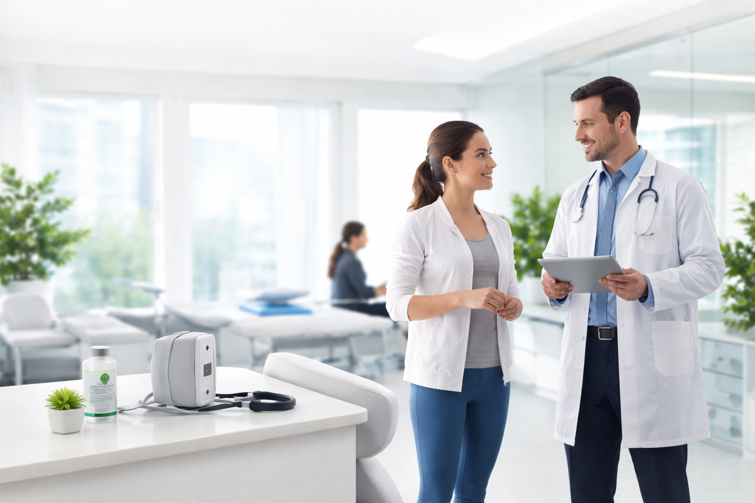 Modern medical clinic showing a health monitoring device and doctor consultation for everyday wellness and recovery