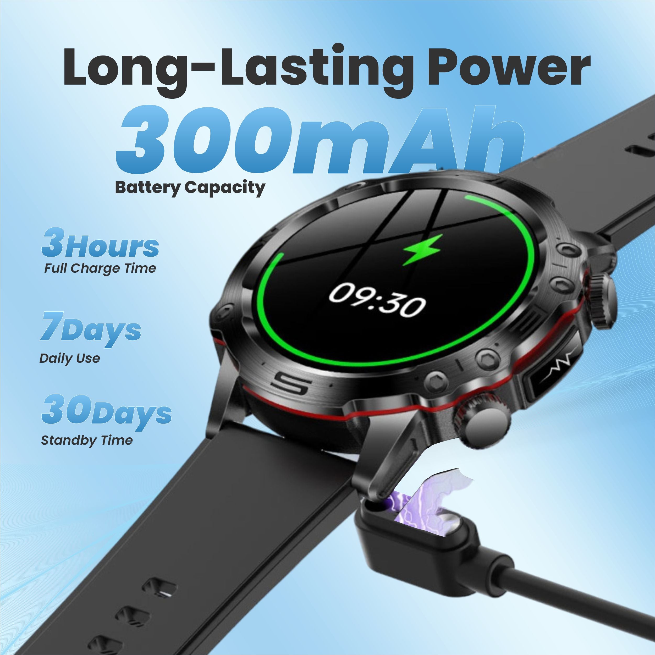 Life watch with long-lasting 300mAh battery offering days of usage.