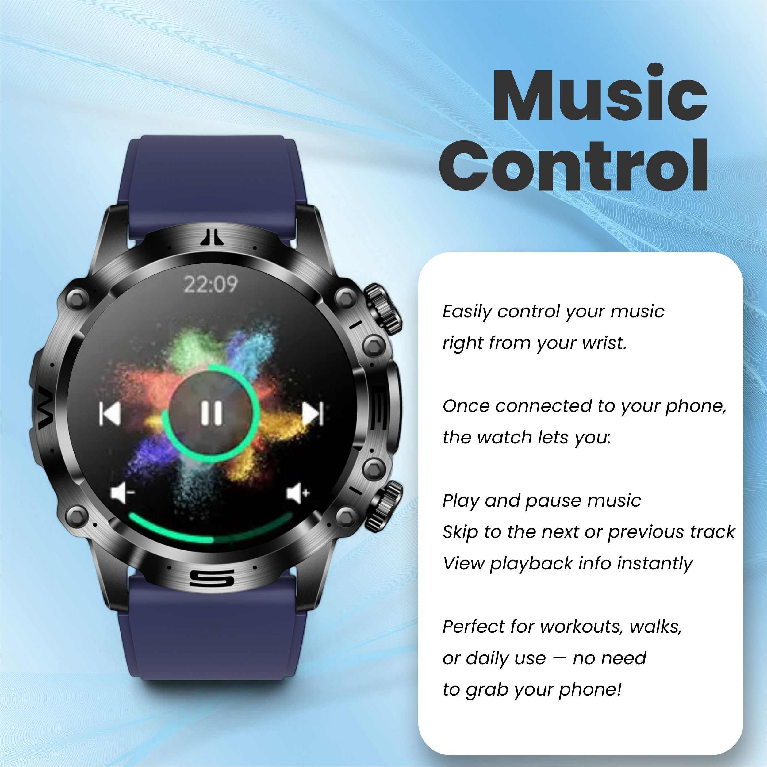 Life watch music control feature allowing playback directly from wrist.