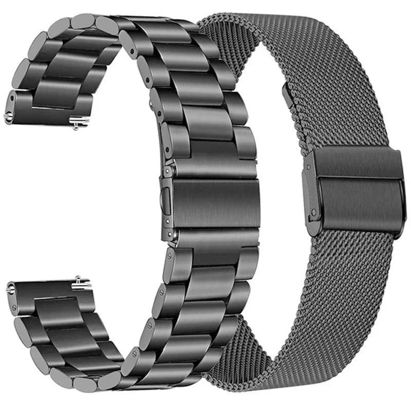 Black metal watch strap set with stainless-steel link band and Milanese loop band for LifeWatch.