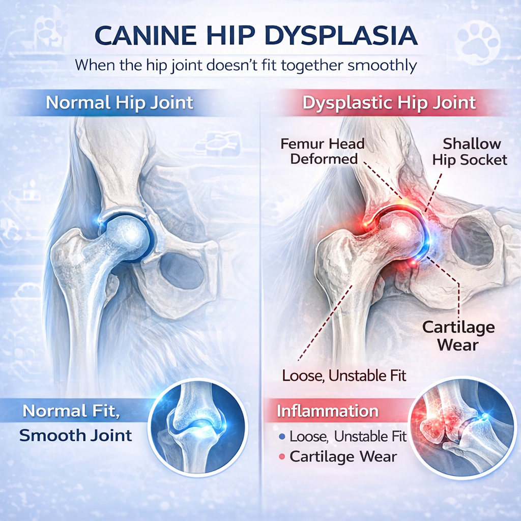 Canine hip dysplasia comparison showing normal hip joint versus dysplastic joint with loose fit, cartilage wear and inflammation.