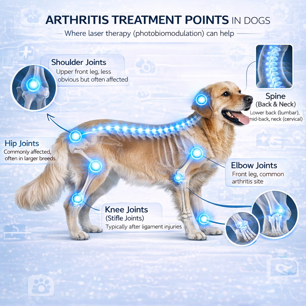 Dog arthritis treatment points showing where laser therapy can be applied on joints including hips, knees, elbows and spine.