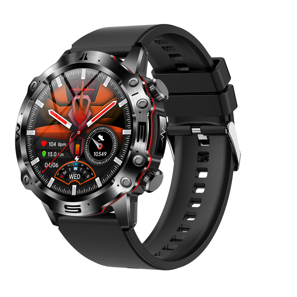 Life Watch Pro smartwatch with AI health tracking and rugged black band on white background.