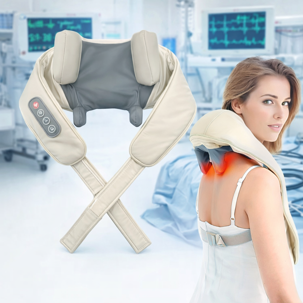 Medical neck and shoulder massager providing heat therapy for muscle pain relief in a clinical environment